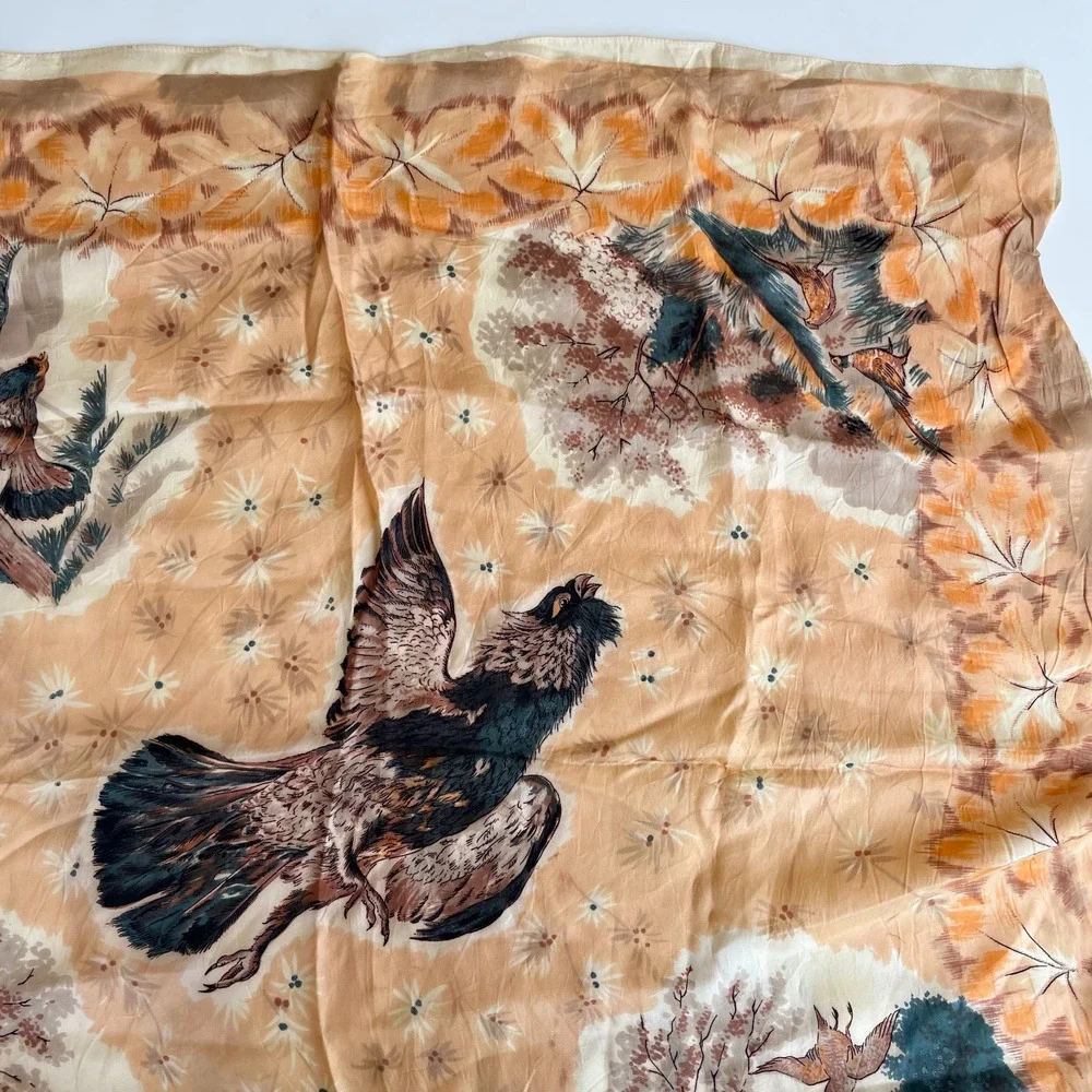 Vintage 70s Satin Bird Scarf Pheasants Country Earth Tones Wildlife Nature Hawk